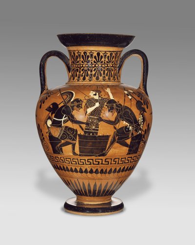 Amphore à figures noires attiques athéniennes avec Ajax et Achille, vers 510 av. J.-C. (terre cuite) - Greek